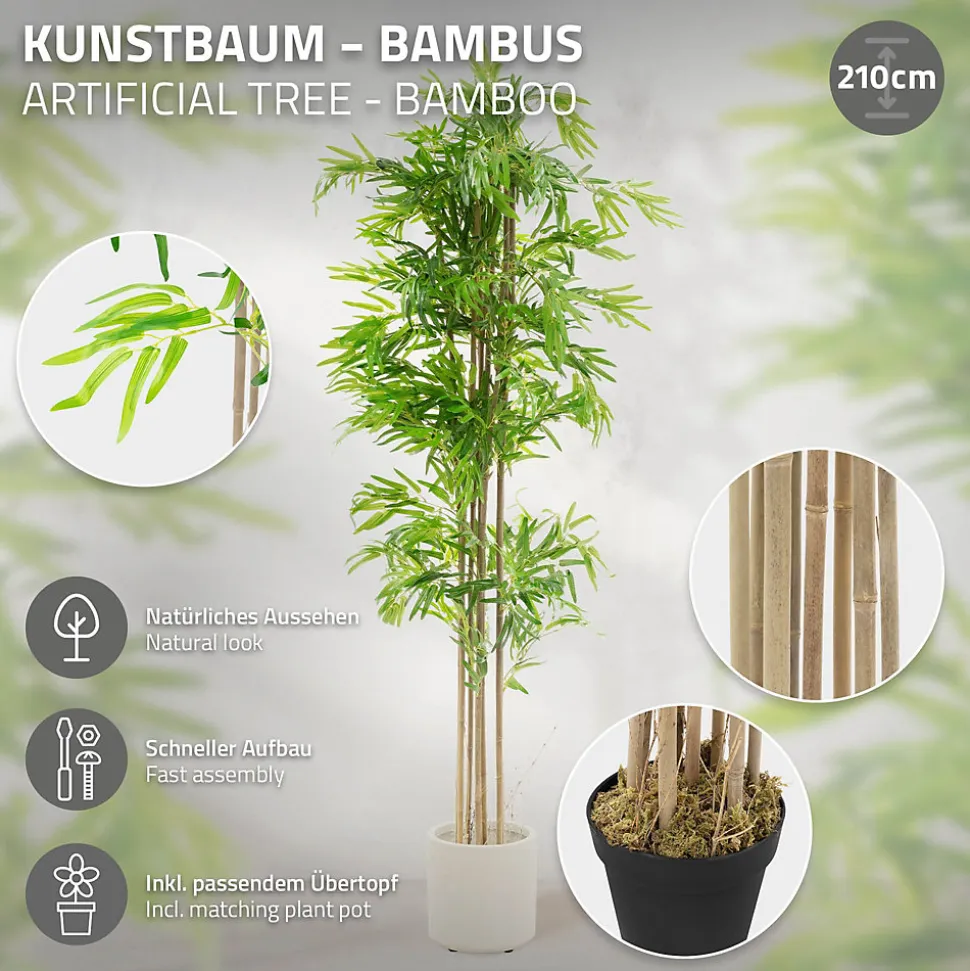 Bambou artificiel 210 cm, Plante artificielle grande avec tige en bois véritable