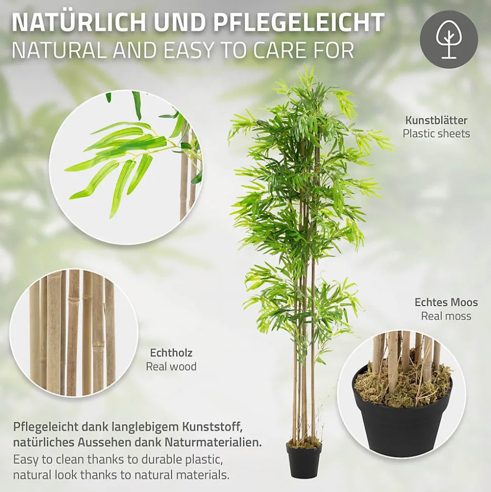 Bambou artificiel 210 cm, Plante artificielle grande avec tige en bois véritable