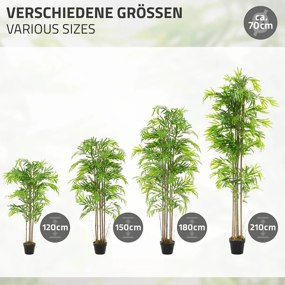 Bambou artificiel 210 cm, Plante artificielle grande avec tige en bois véritable