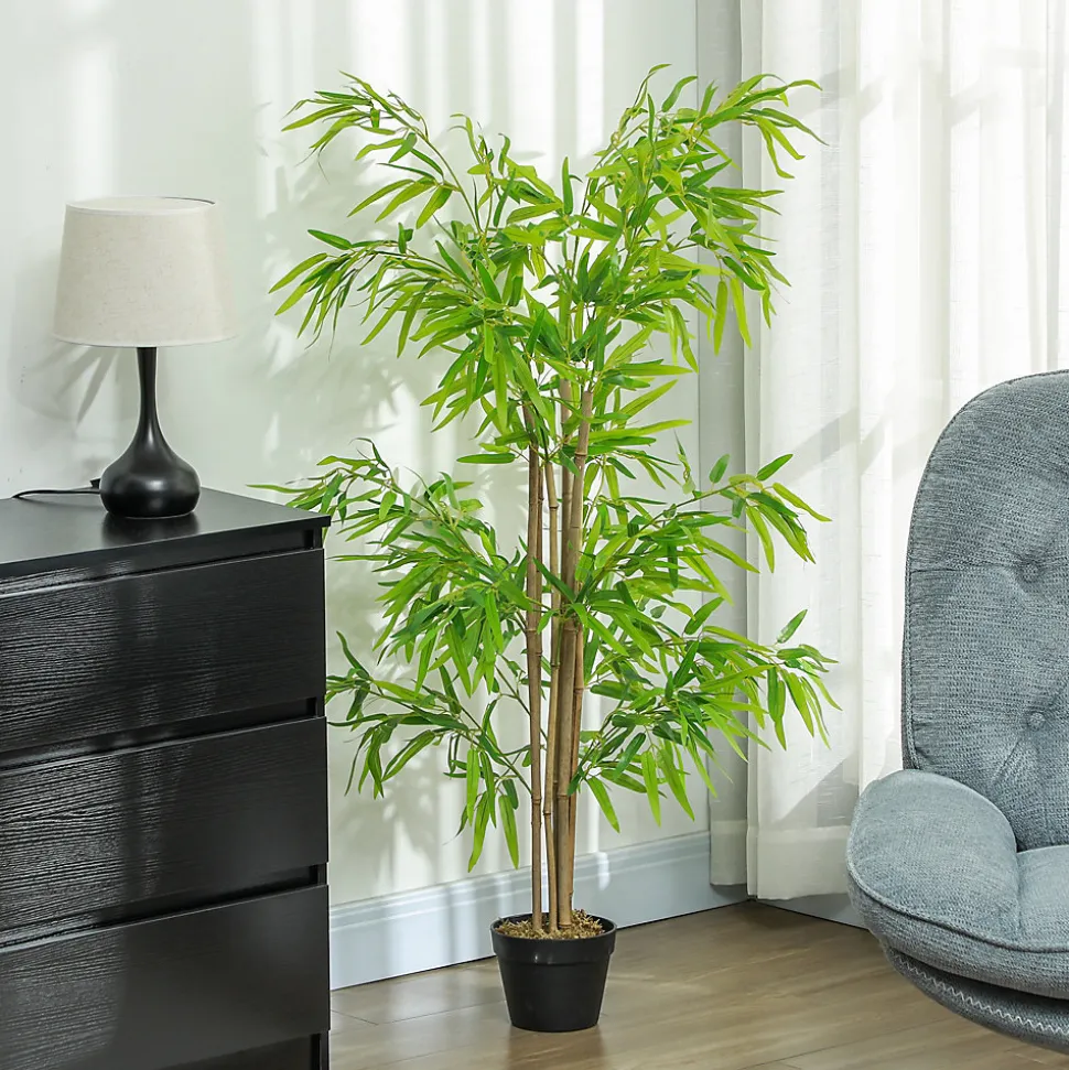 Bambou Artificiel Hauteur 1,5 m 644 Feuilles denses réalistes Pot Inclus Noir avec Lichen Vert