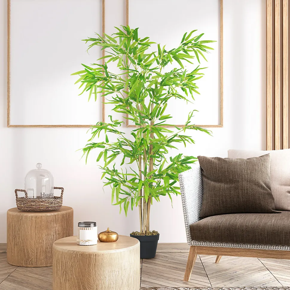 Bambou Artificiel Hauteur 1,5 m 644 Feuilles denses réalistes Pot Inclus Noir avec Lichen Vert