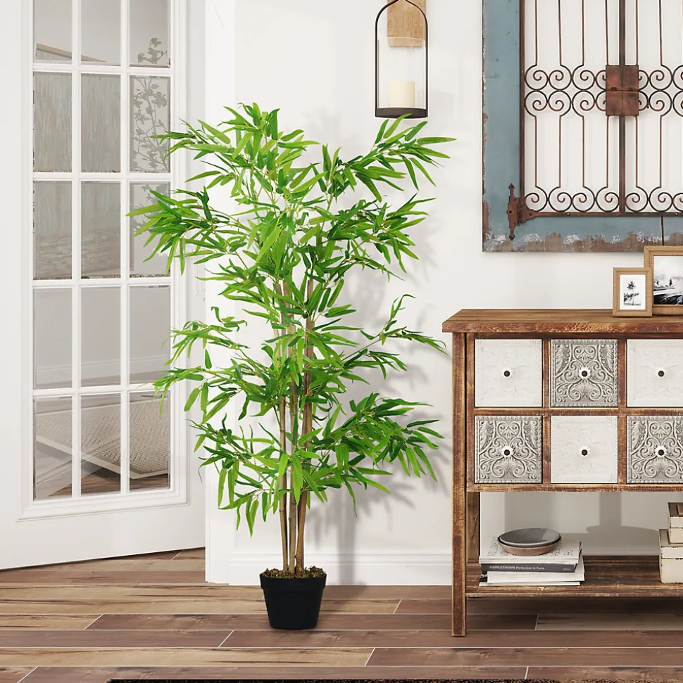 Bambou Artificiel Hauteur 1,5 m 644 Feuilles denses réalistes Pot Inclus Noir avec Lichen Vert