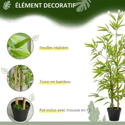 Bambous artificiels 1,20H m - lot de 2 bambous artificiels - 369 feuilles réalistes par bambou vrais troncs - pot inclus noir vert