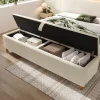 Banc de Lit avec Coffre de Rangement Hydraulique, Assise en Velours Beige, Bois Massif et MDF, 145x38x46 cm