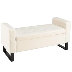 Banc tissu bouclette écru avec rangement et pieds métal noir