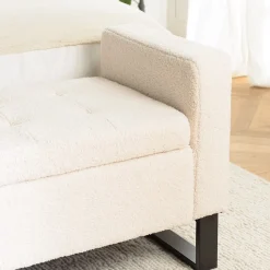 Banc tissu bouclette écru avec rangement et pieds métal noir