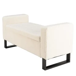 Banc tissu bouclette écru avec rangement et pieds métal noir