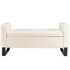 Banc tissu bouclette écru avec rangement et pieds métal noir