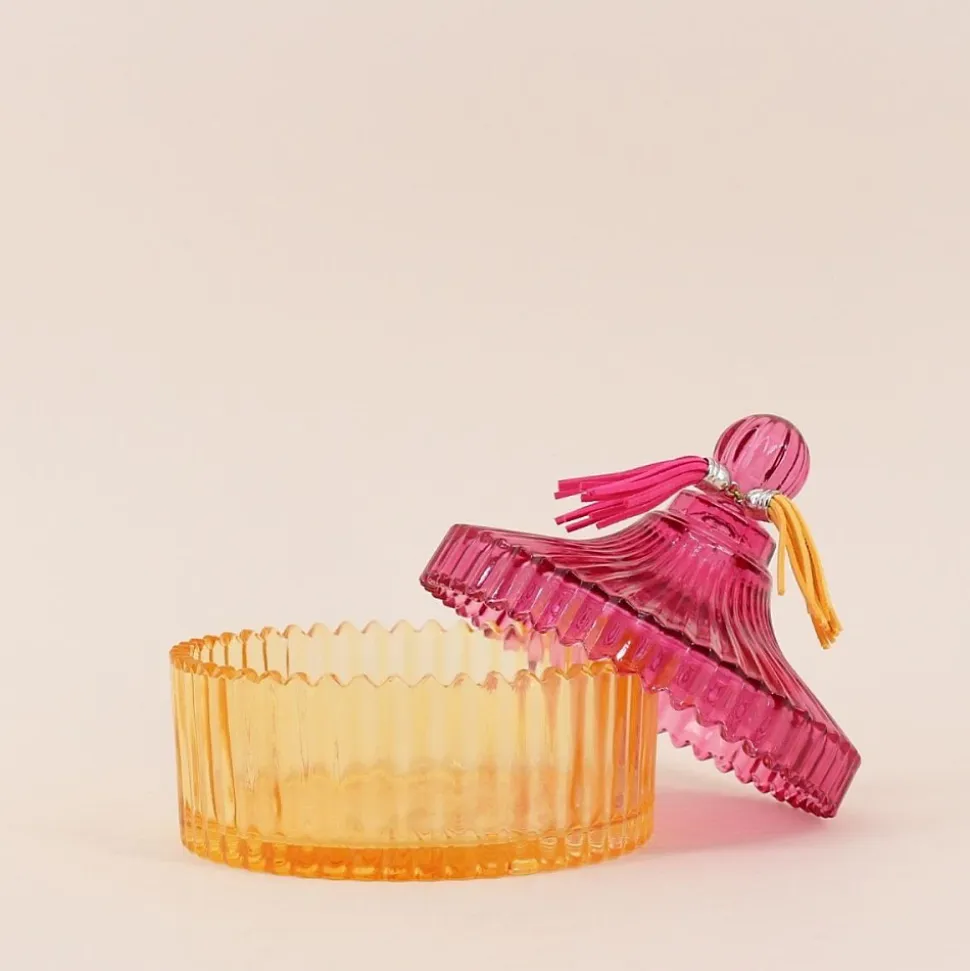 Boîte avec couvercle en verre coloré strié 14x15cm