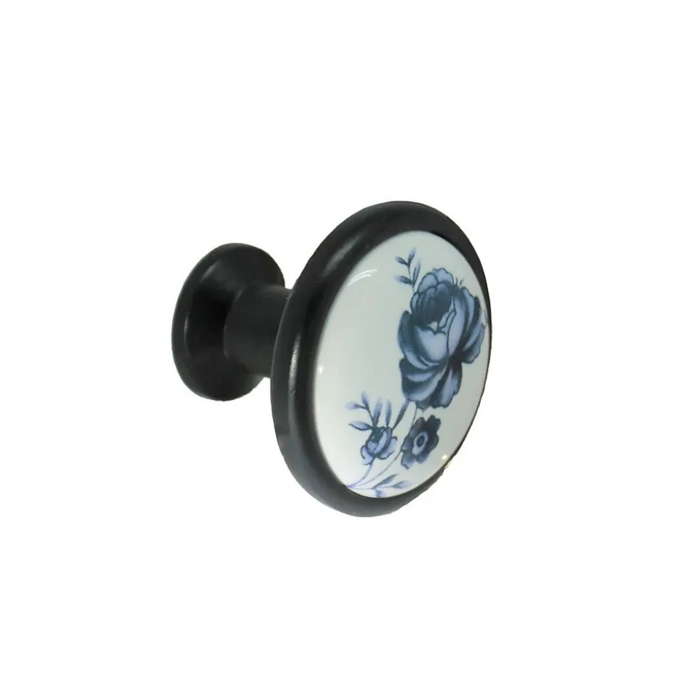 Bouton de meuble en porcelaine blanc, sur base noir mat d 32 mm avec vis incluse