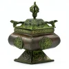 Brûleur tibétain Verdigris en laiton - Pot carré sur pied à quatre symboles- Vendu par 1