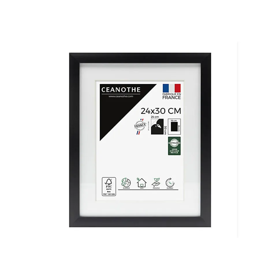 Cadre photo 24x30 cm milan noir avec passe-partout 18x24 cm Fabriqué en France