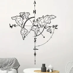 Carte du Monde Stickers Muraux Boussole Nautique Autocollant Décoration Murale pour Salon Chambre Bureau