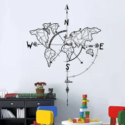 Carte du Monde Stickers Muraux Boussole Nautique Autocollant Décoration Murale pour Salon Chambre Bureau