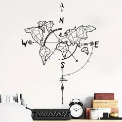 Carte du Monde Stickers Muraux Boussole Nautique Autocollant Décoration Murale pour Salon Chambre Bureau