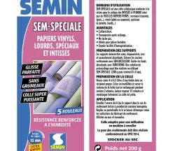 Colle en Poudre pour Papiers Peints Sem-Spéciale Semin, Vinyls, Lourds, Spéciaux et Intissés, Intérieur, Boite 200 g