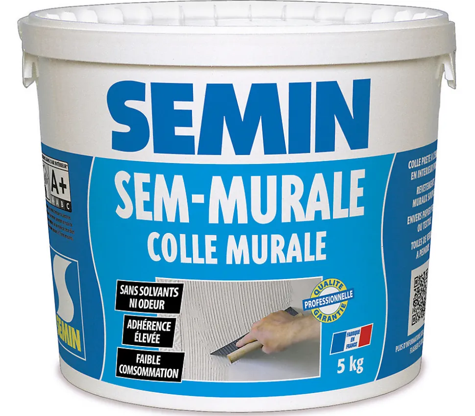 Colle pour Toiles de Verre et Revêtements Muraux Légers Semin Sem Murale, Prêt à l'Emploi, Seau 5 kg