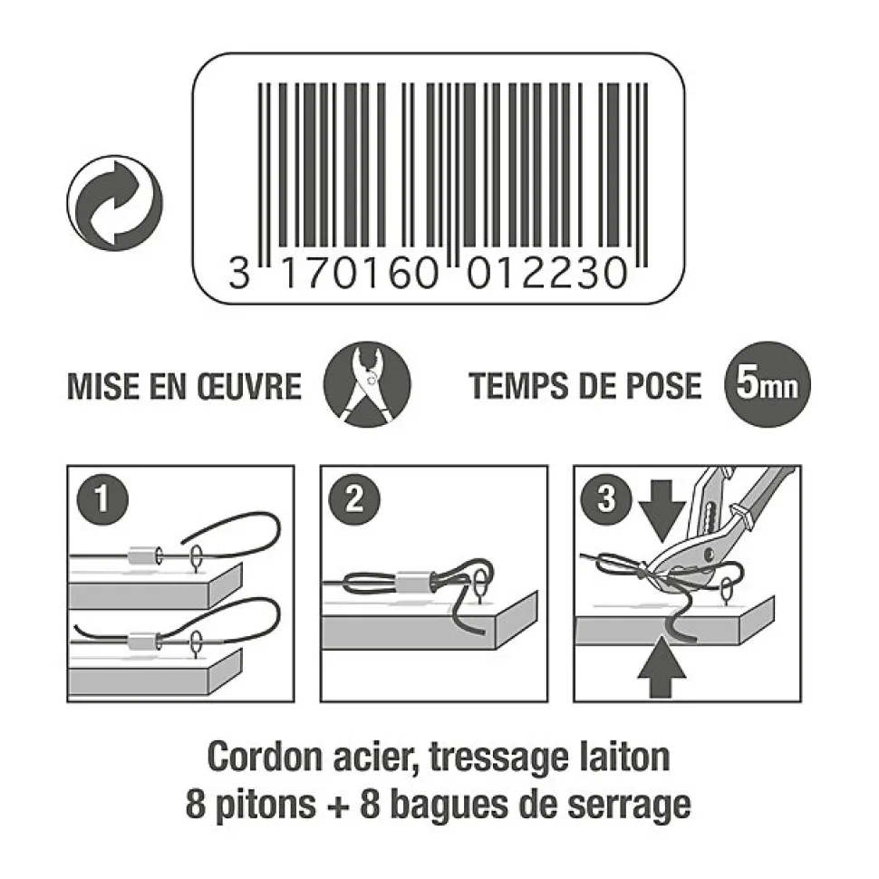 Cordon de suspension acier avec pitons et bagues de serrage