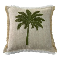 Coussin à frange broderie palmier beige, vert L.45 x l.45cm Ornami