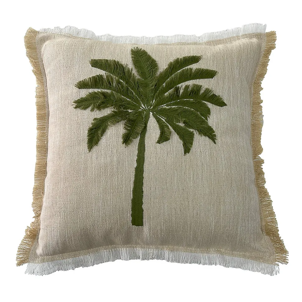 Coussin à frange broderie palmier beige, vert L.45 x l.45cm Ornami