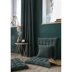 Coussin 45 x 45 cm velours de coton bleu canard et jute - MIRABEL