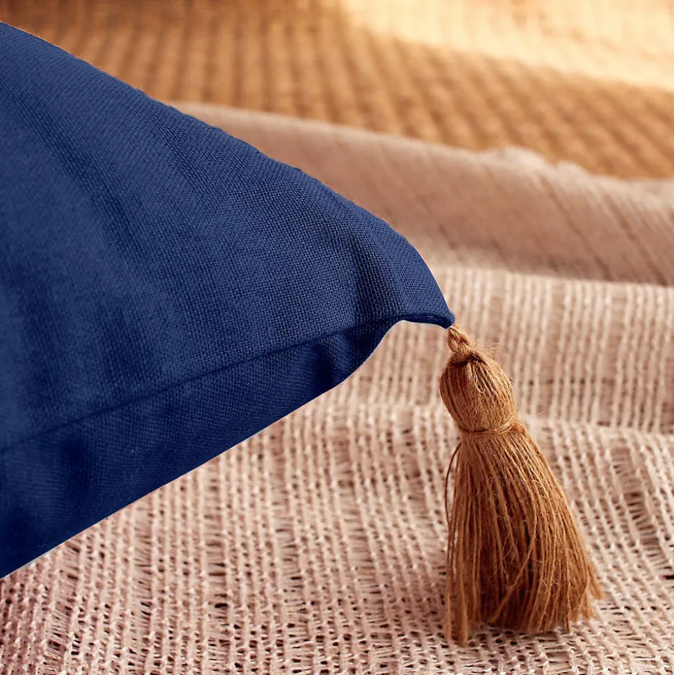 Coussin avec pompons en jute (50x70 cm - Bleu Marine)