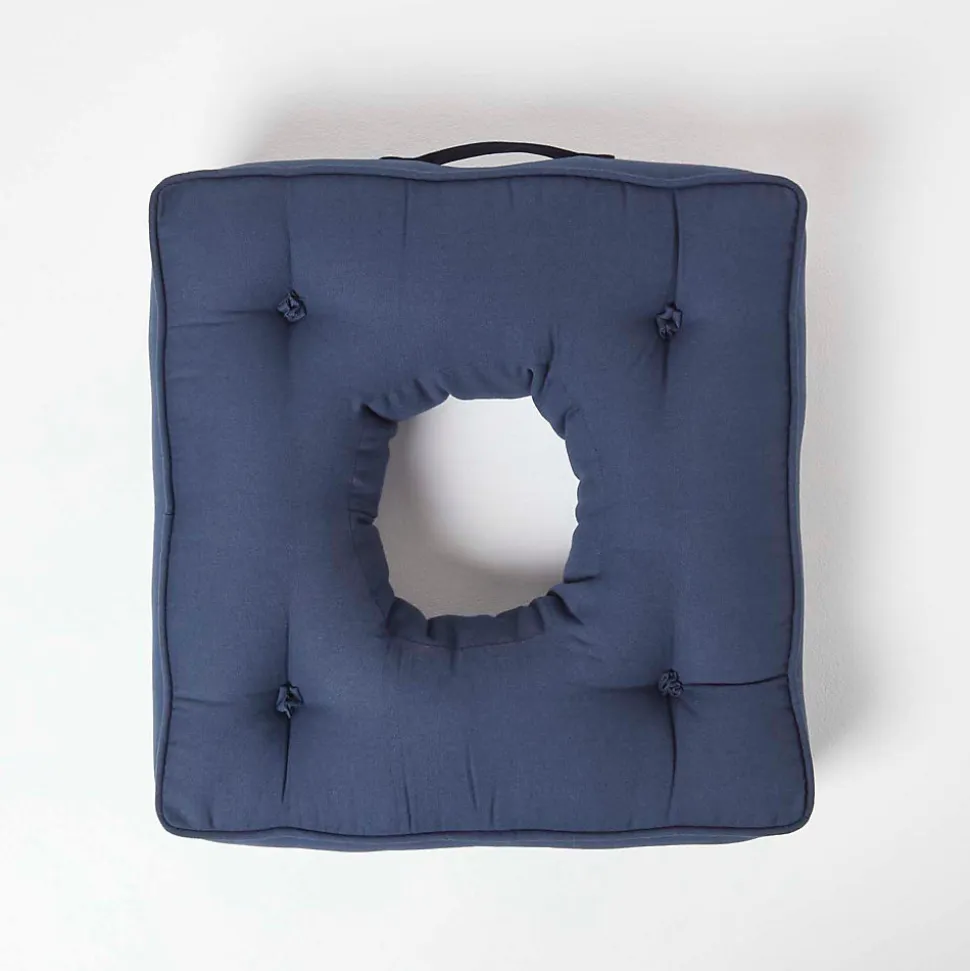 Coussin bouée en velours de coton - bleu marine - HOMESCAPES