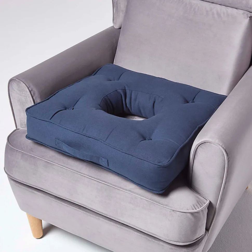 Coussin bouée en velours de coton - bleu marine - HOMESCAPES