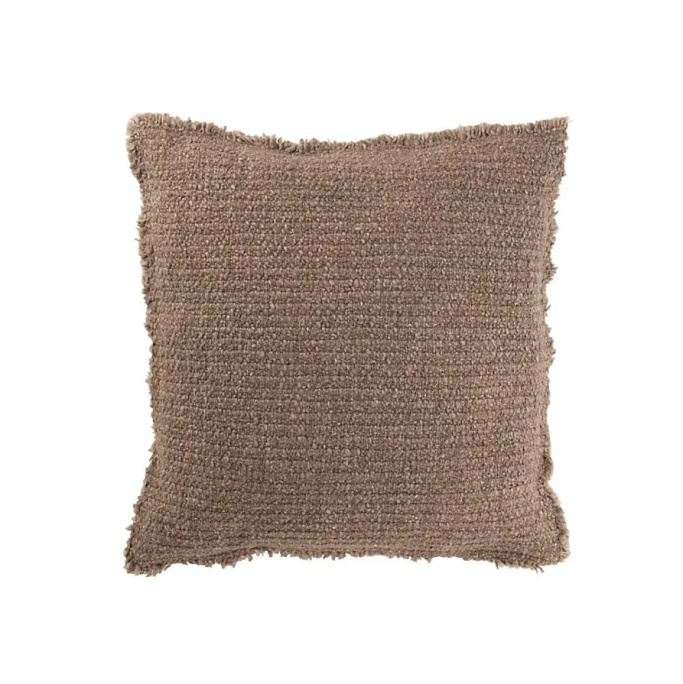Coussin carré bords effilochés en polyester marron 50x50x12cm