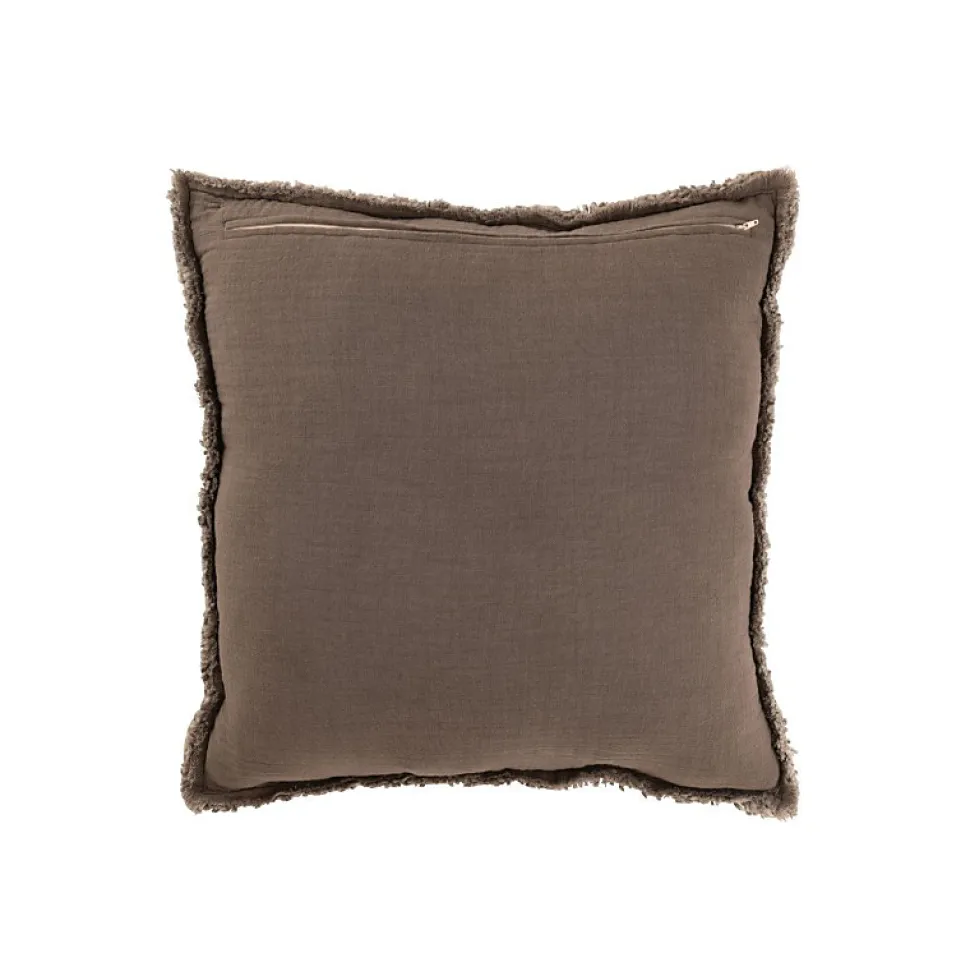 Coussin carré bords effilochés en polyester marron 50x50x12cm