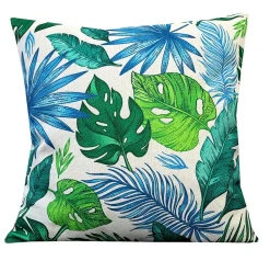 Coussin carré feuillage tropical vert et bleu L.45 x l.45cm Deco&co