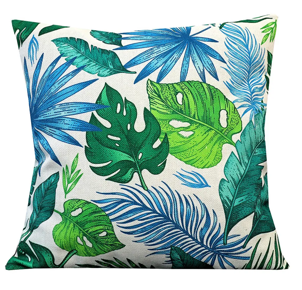 Coussin carré feuillage tropical vert et bleu L.45 x l.45cm Deco&co