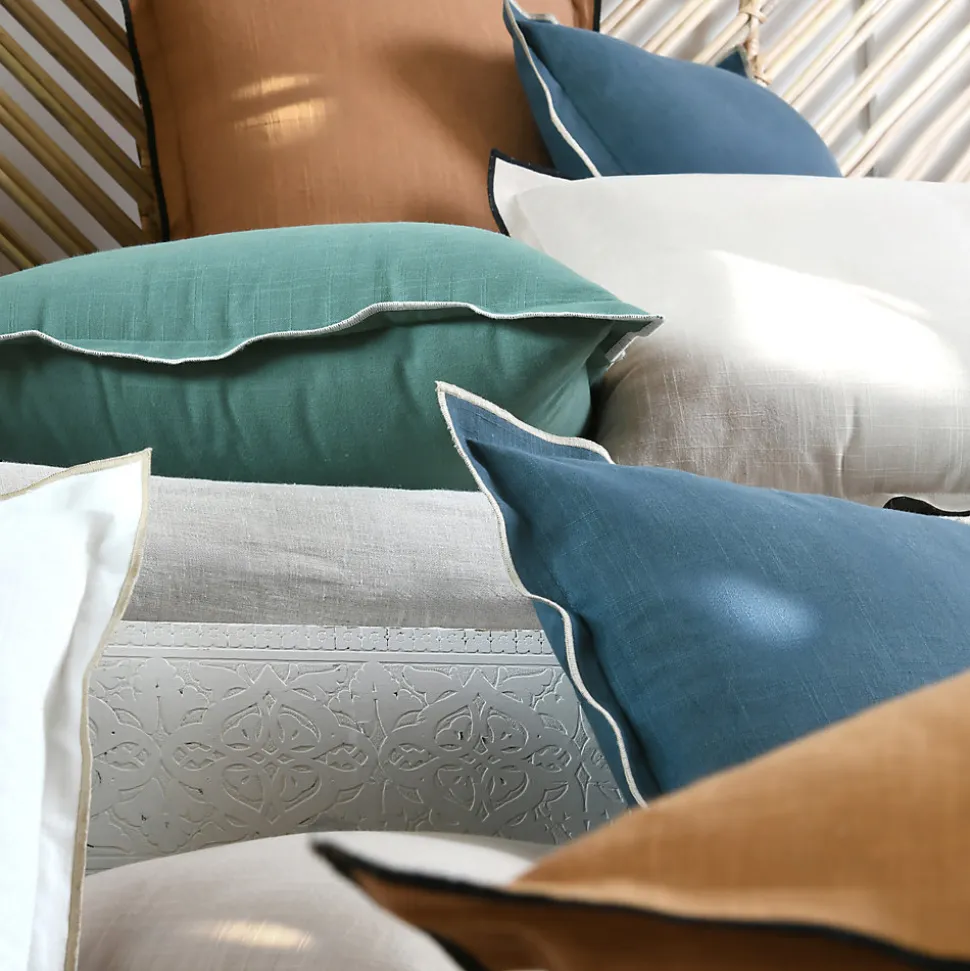 Coussin coton volant plat feston noir (45x45 cm - Bleu)