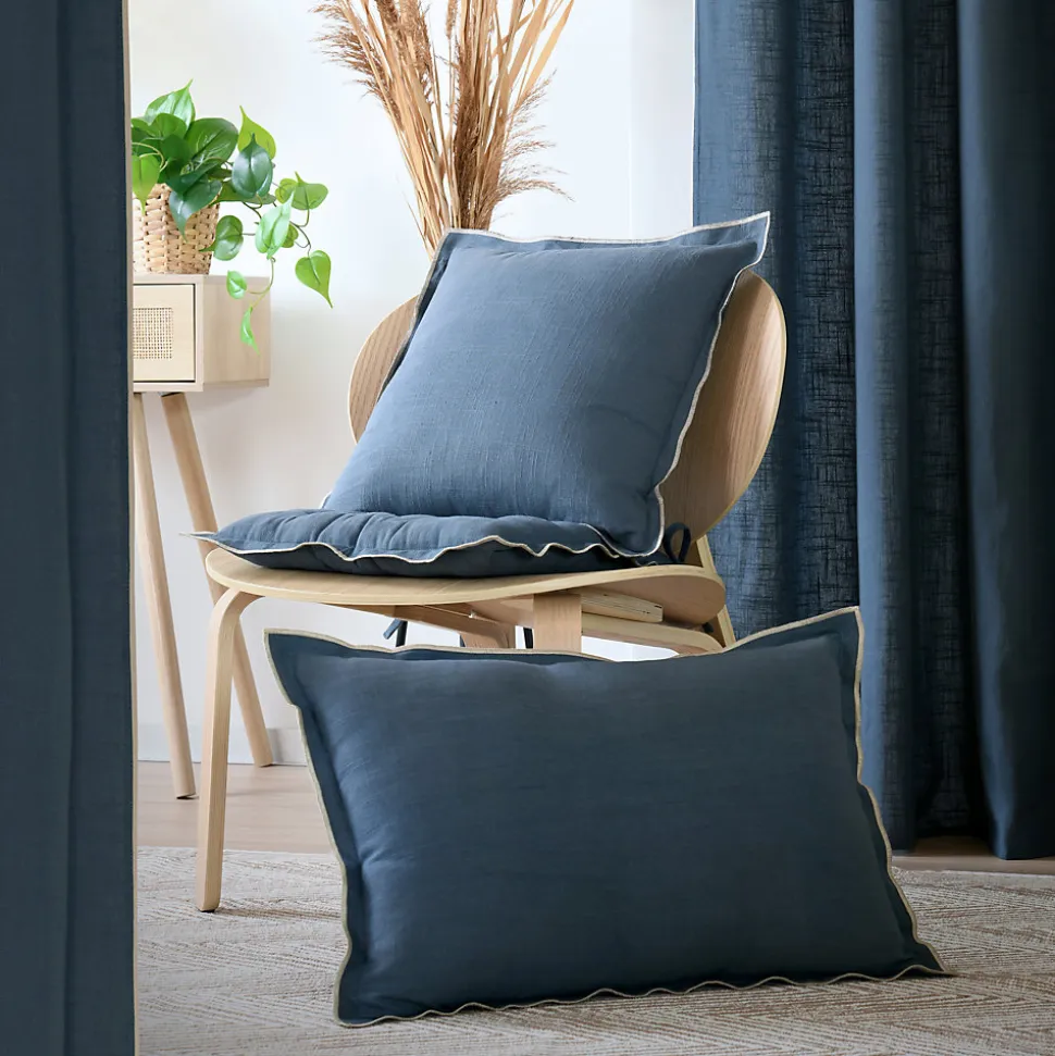 Coussin coton volant plat feston noir (45x45 cm - Bleu)