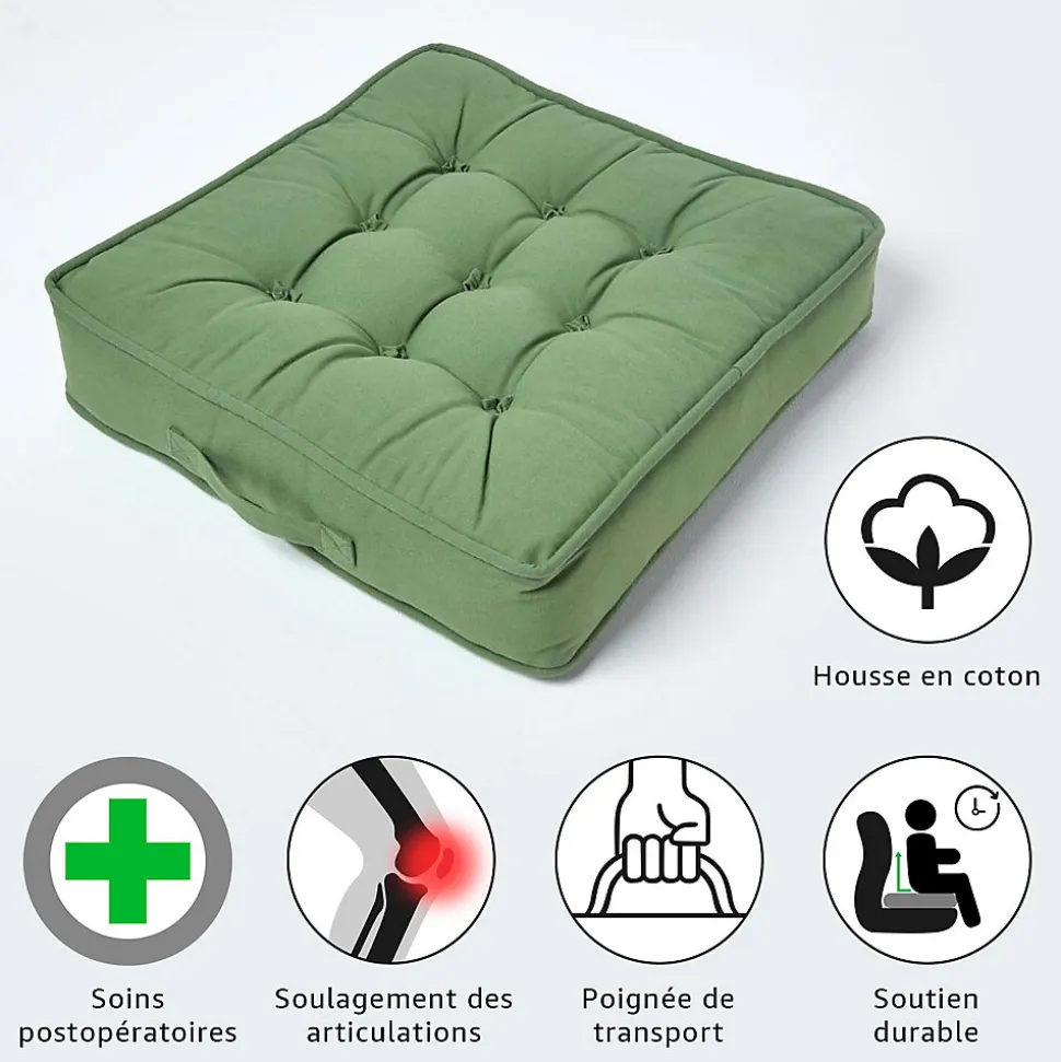 Coussin d'assise rehausseur en coton vert foncé, 50 x 50 x 10 cm - HOMESCAPES
