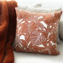 Coussin décoratif déhoussable motif feuillage tropical (40x40 cm - Cuivre)
