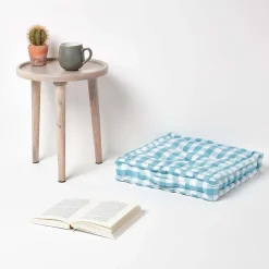 Coussin de sol bleu à  grands carreaux vichy, 40 x 40 cm - HOMESCAPES