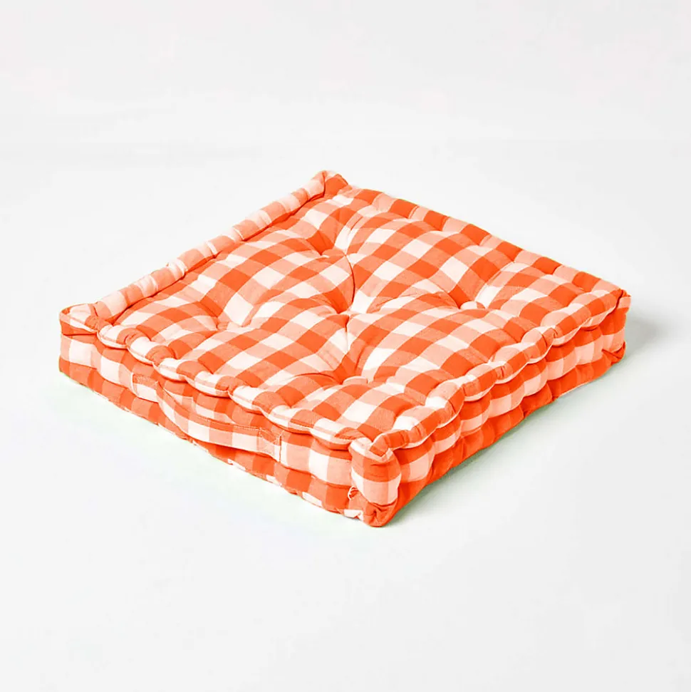 Coussin de sol orange à grands carreaux vichy, 40 x 40 cm - HOMESCAPES