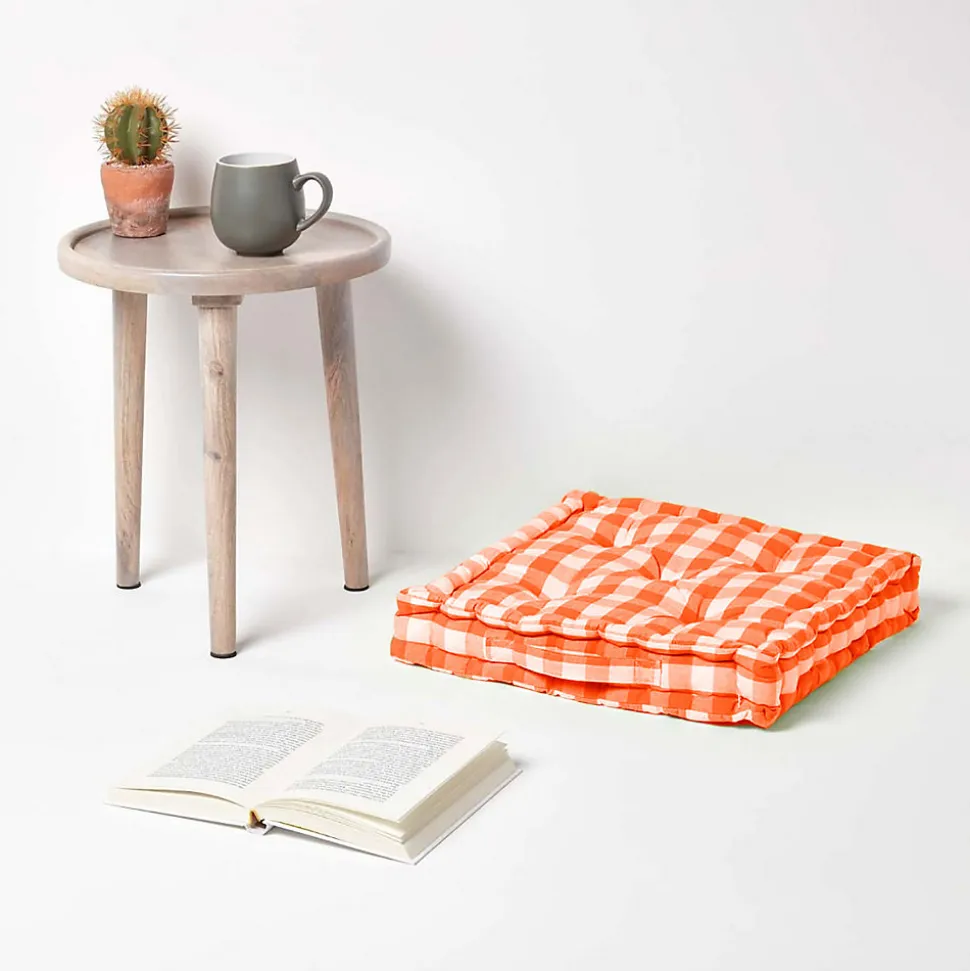 Coussin de sol orange à grands carreaux vichy, 40 x 40 cm - HOMESCAPES
