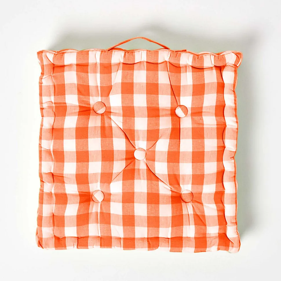 Coussin de sol orange à grands carreaux vichy, 40 x 40 cm - HOMESCAPES