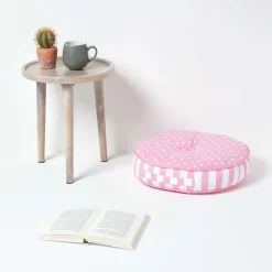 Coussin de sol rond pour enfants rose et blanc à  pois 43 cm - HOMESCAPES