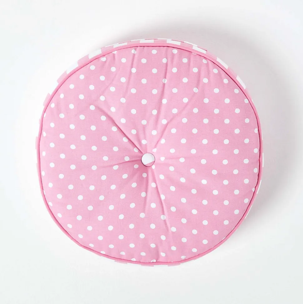 Coussin de sol rond pour enfants rose et blanc à pois 43 cm - HOMESCAPES