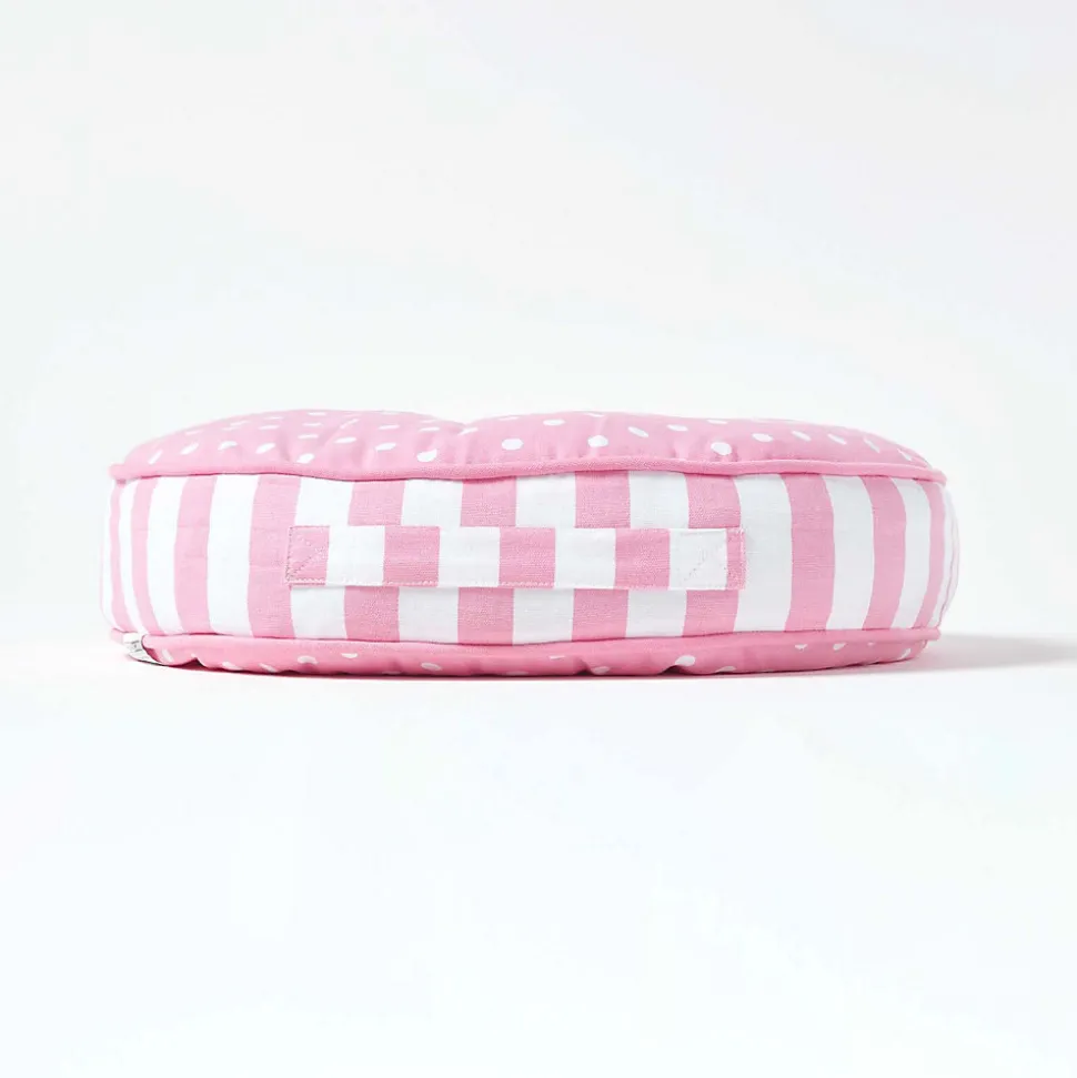 Coussin de sol rond pour enfants rose et blanc à pois 43 cm - HOMESCAPES