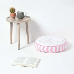 Coussin de sol rond pour enfants rose et blanc à  motif cœurs 43 cm - HOMESCAPES