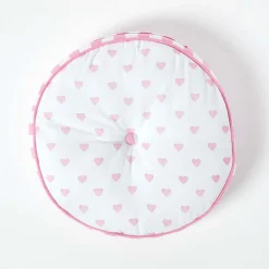 Coussin de sol rond pour enfants rose et blanc à  motif cœurs 43 cm - HOMESCAPES