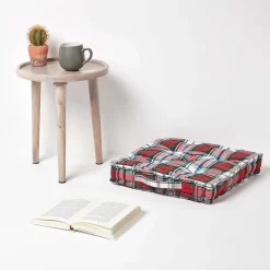 Coussin de sol rouge et blanc - tartan écossais - 50 x 50 cm - HOMESCAPES