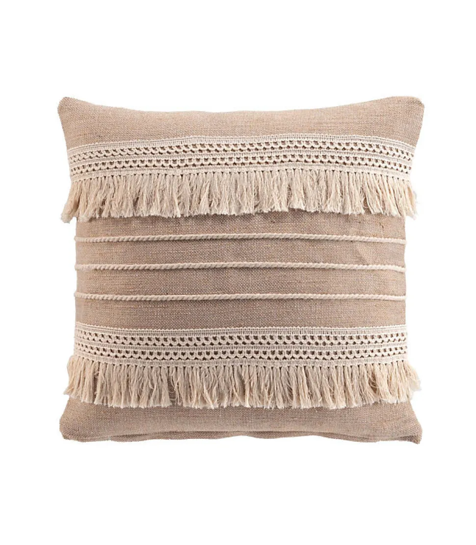 Coussin Déhoussable à Franges 45 x 45 cm - Coton,Polyester - Fantaisie "CIRRUS" - 45x45cm - Taupe
