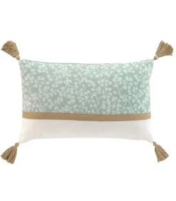 Coussin déhoussable à pompons motifs feuillages vert sauge - 30x50cm - Vert sauge