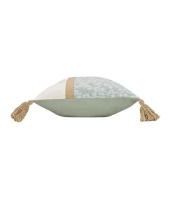 Coussin déhoussable à pompons motifs feuillages vert sauge - 30x50cm - Vert sauge
