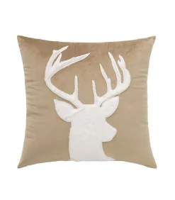 Coussin Déhoussable 45 x 45 cm - Velours Uni & Imitation Fourrure - Motif Cerf - 45x45cm - Sable